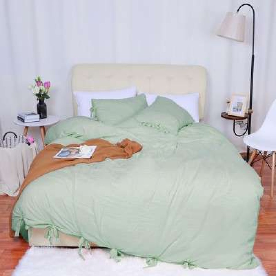 Duvet Cover Bedding Sets * | Hot Sale 3 Pcs Washed Cotton Solid With Bowknot Closure Design Bedding Sets King Green Piccocasa