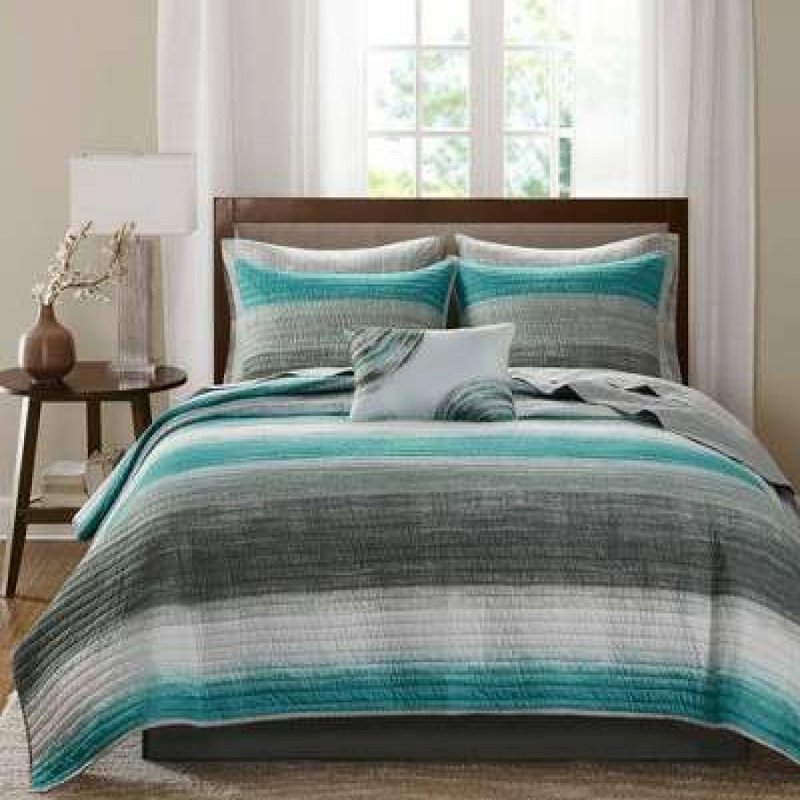 Coverlet Bedding Sets * | Best Deal Madison Park Seth Full 8Pc Complete Reversible Coverlet And Cotton Sheet Set Aqua