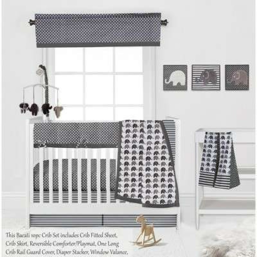 Comforter Bedding Sets * | Cheap Bacati Elephants White/Gray 10 Pc Crib Bedding Set With Long Rail Guard Cover