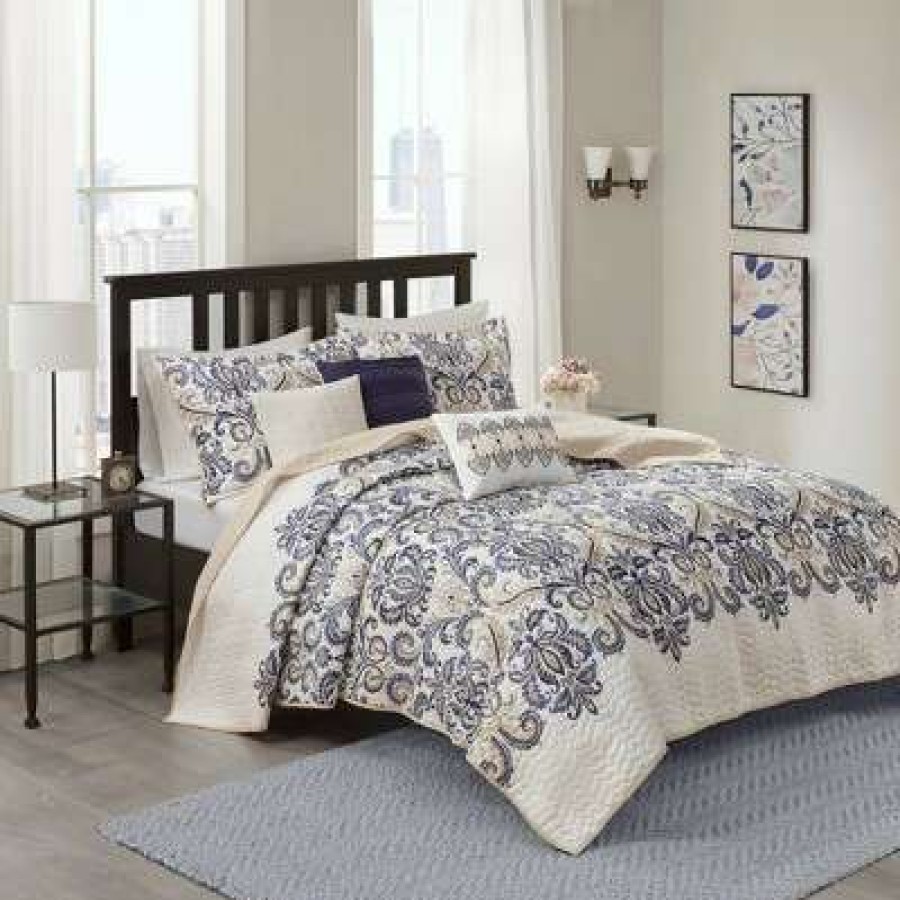 Coverlet Bedding Sets * | Best Reviews Of 6Pc Cascade Scroll Quilted Coverlet Set Blue Madison Park