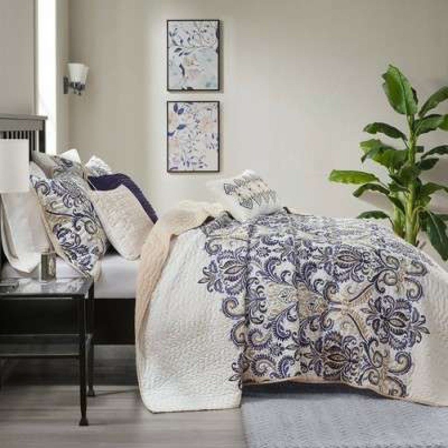 Coverlet Bedding Sets * | Best Reviews Of 6Pc Cascade Scroll Quilted Coverlet Set Blue Madison Park