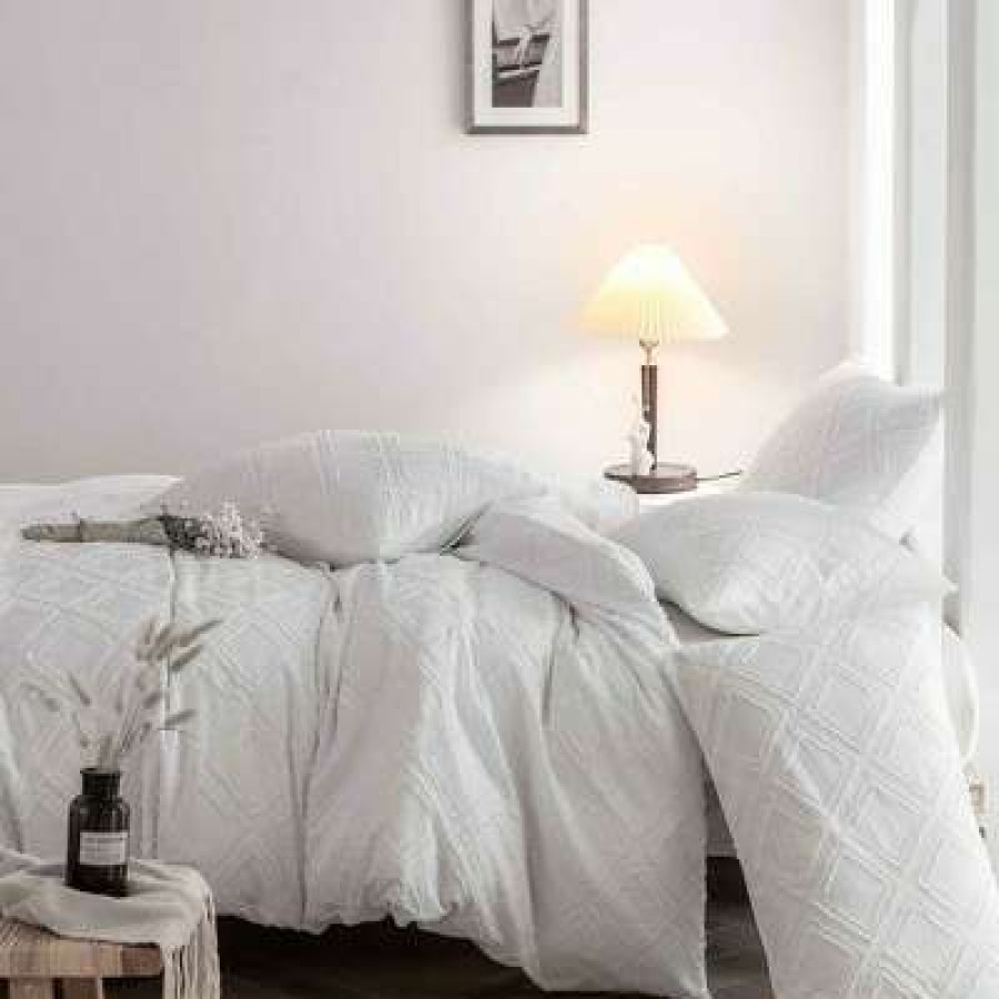 Duvet Cover Bedding Sets * | Best Sale Peace Nest Clipped Jacquard Geometric Duvet Cover & Pillowcase Set White/Diamond