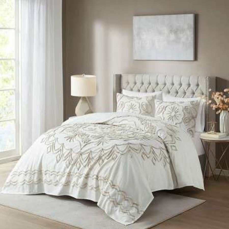 Coverlet Bedding Sets * | Coupon Madison Park 3Pc Valeria Tufted Cotton Chenille Coverlet Set Ivory/Taupe