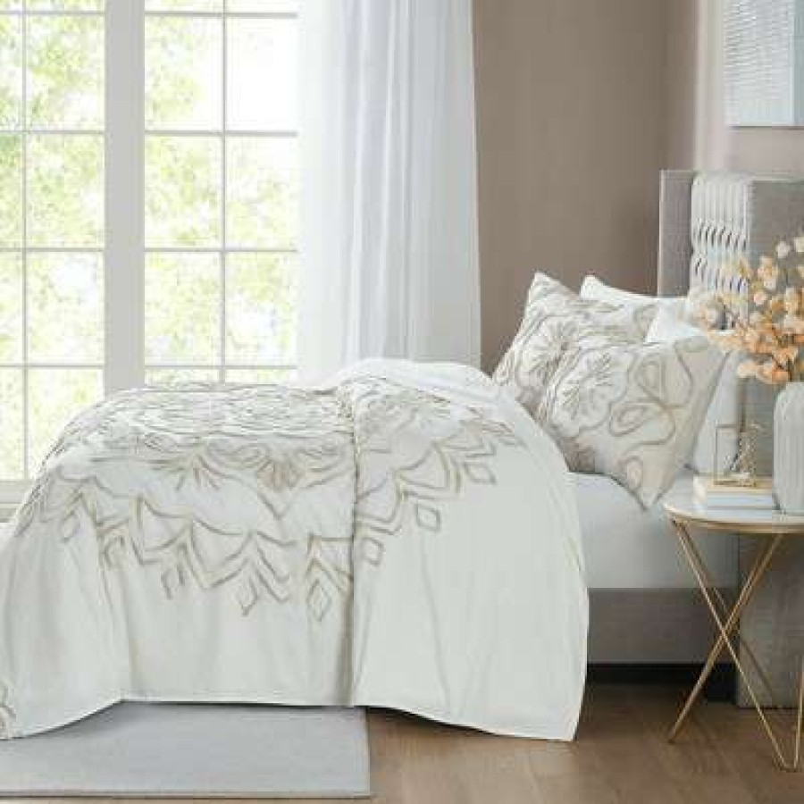 Coverlet Bedding Sets * | Coupon Madison Park 3Pc Valeria Tufted Cotton Chenille Coverlet Set Ivory/Taupe