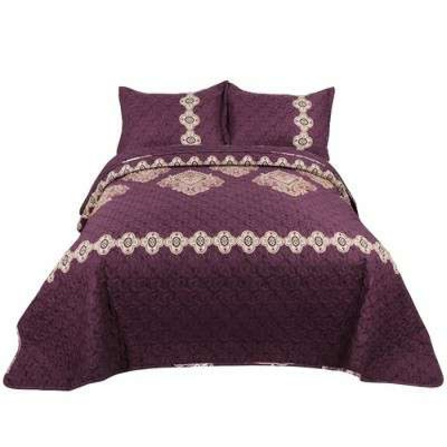 Bedspread Bedding Sets * | Buy 3 Pieces Floral Pattern Polyester Soft Bedspread Sets Coverlet Bed Sets Piccocasa Burgundy