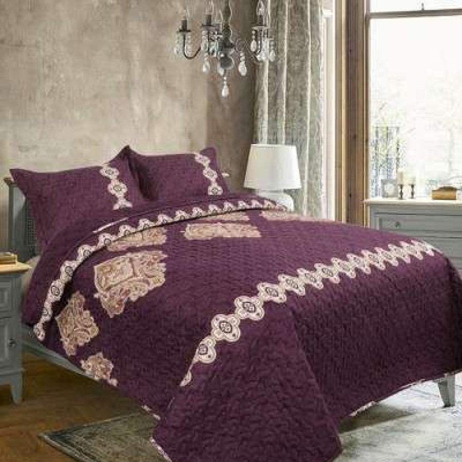 Bedspread Bedding Sets * | Buy 3 Pieces Floral Pattern Polyester Soft Bedspread Sets Coverlet Bed Sets Piccocasa Burgundy