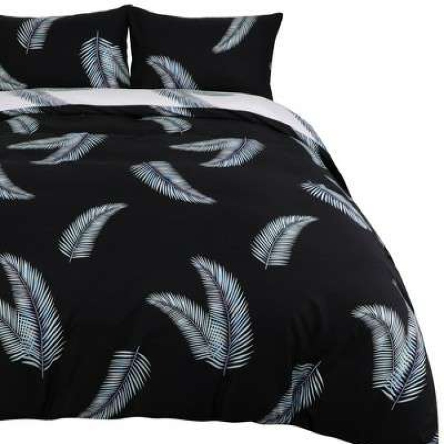 Duvet Cover Bedding Sets * | Outlet 3 Pcs Polyester Tropical Plants Pattern Washable Duvet Cover Bedding Sets Piccocasa Black