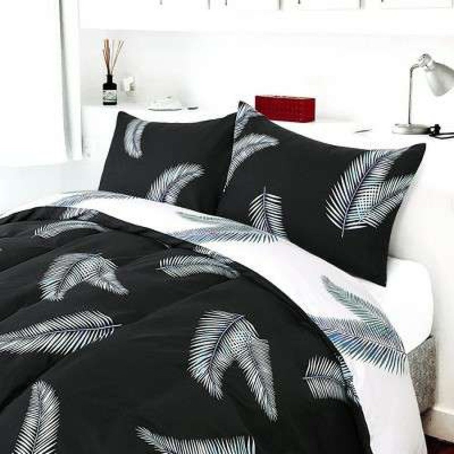 Duvet Cover Bedding Sets * | Outlet 3 Pcs Polyester Tropical Plants Pattern Washable Duvet Cover Bedding Sets Piccocasa Black