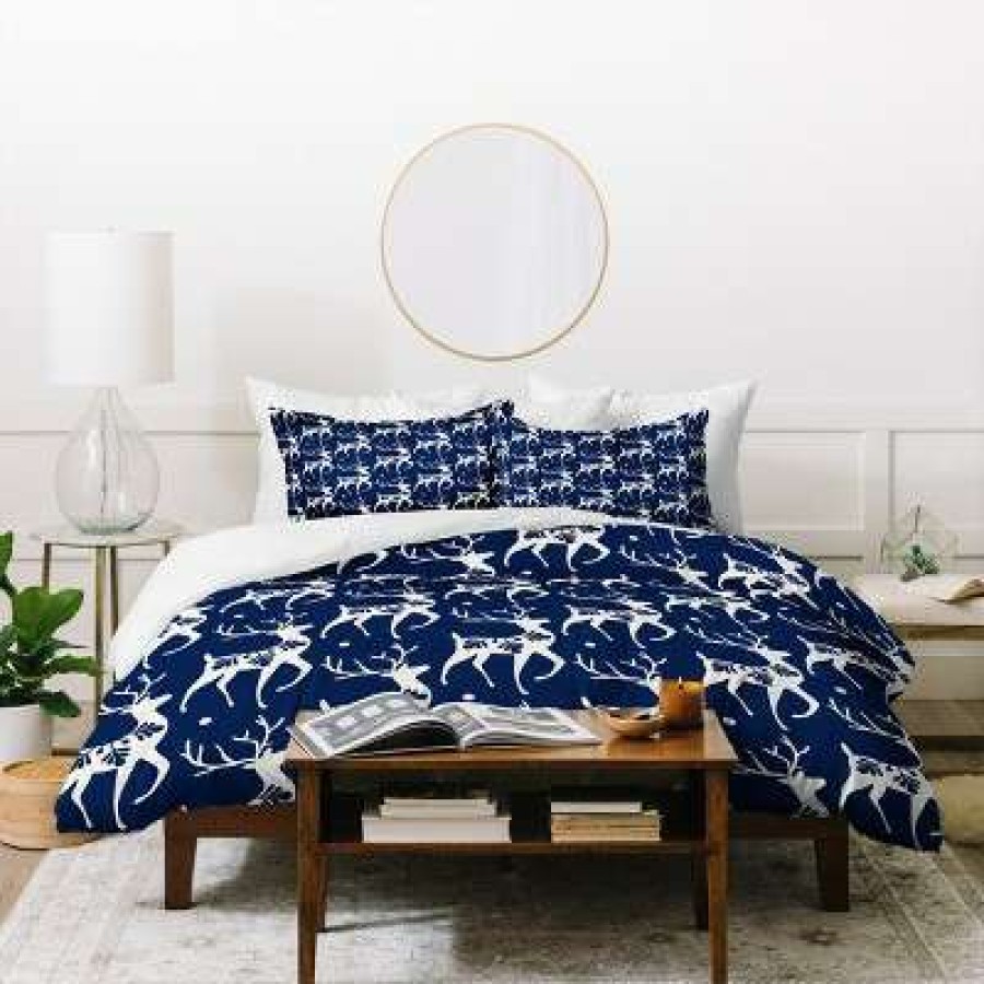 Duvet Cover Bedding Sets * | Best Deal King Heather Dutton Dashing Through The Snow Deer Navy Duvet Cover Set Blue Deny Designs