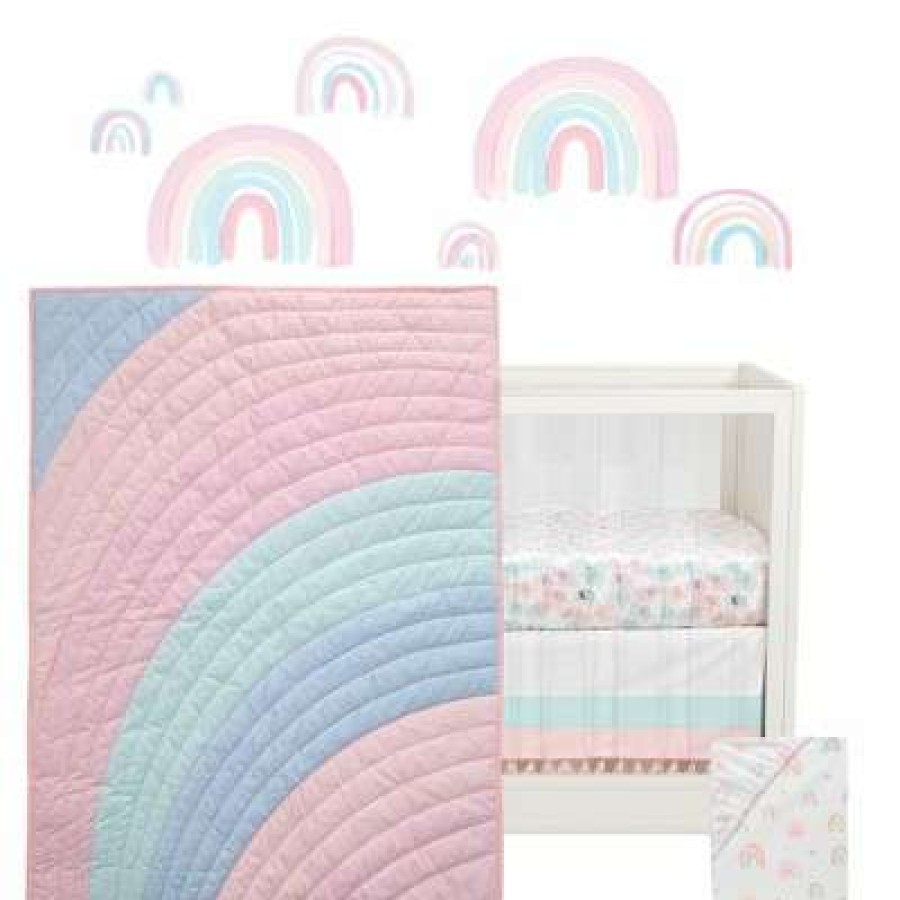 Quilt Bedding Sets * | Top 10 Lambs & Ivy Watercolor Pastel Pink/Mint Rainbow 5-Piece Baby Crib Bedding Set