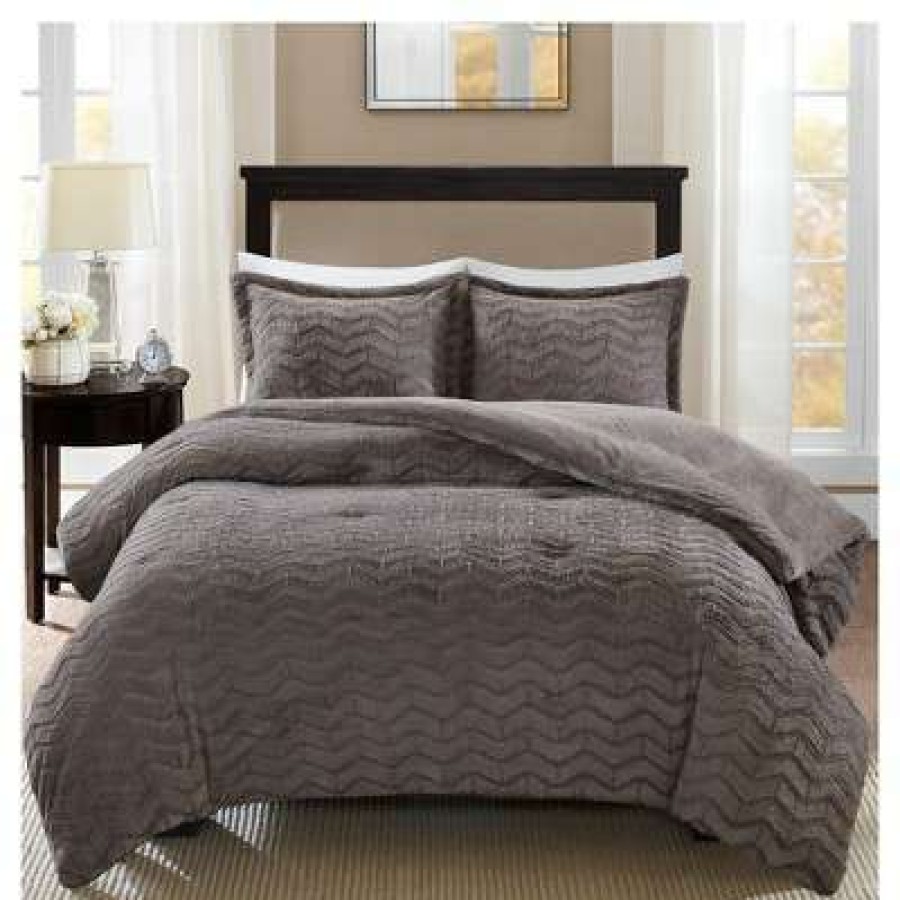 Comforter Bedding Sets * | Outlet Madison Park Kaplan Brushed Long Faux Fur Comforter Mini Set Gray