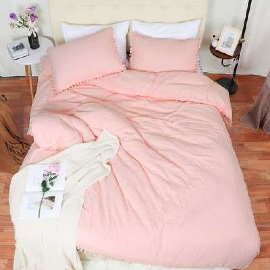 Duvet Cover Bedding Sets * | Wholesale 3 Pcs Washed Polyester With Pompoms Tassels Bedding Sets Queen Light Pink Piccocasa