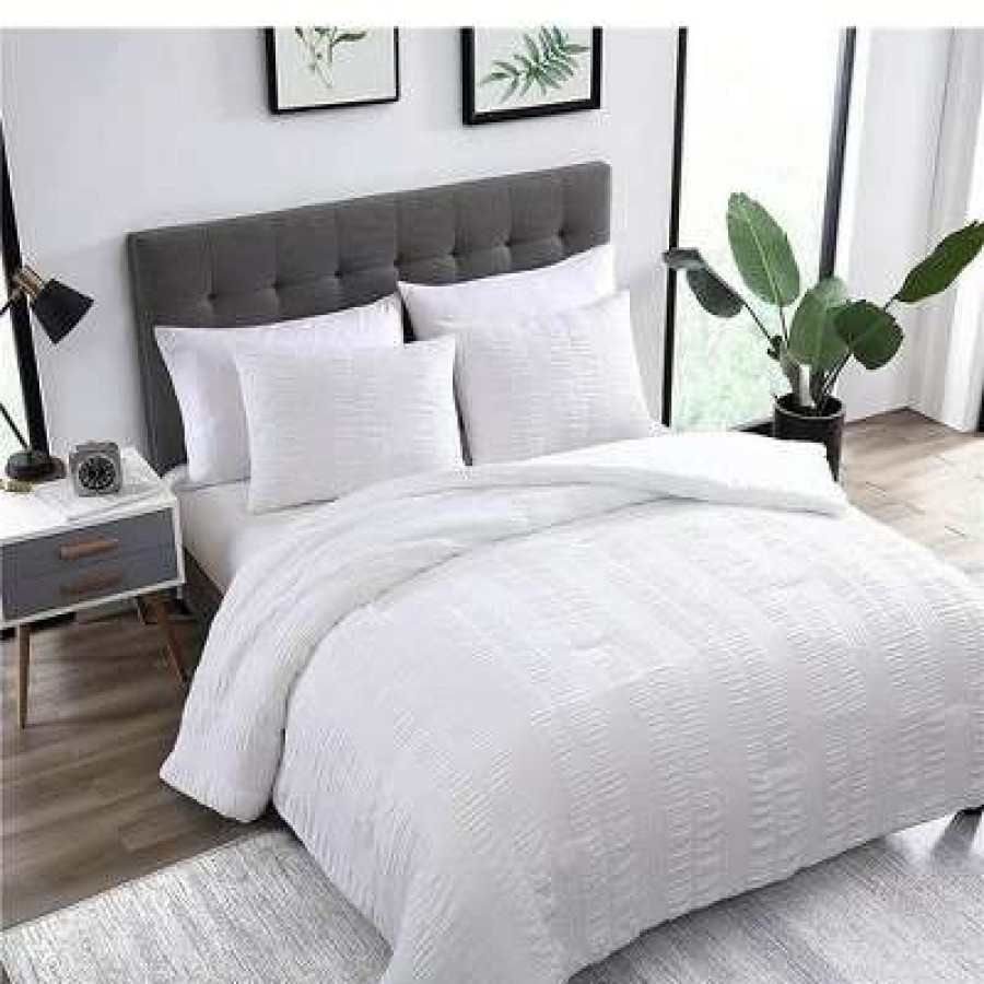 Comforter Bedding Sets * | Best Deal The Nesting Company Elm Collection 3 Piece Stripe Seersucker Bedding Comforter Set With 2 Pillow Shams Luxuriously Soft Lightweight And Comfortable Microfiber Machine Washable