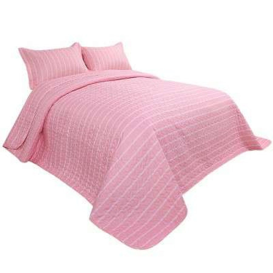 Bedspread Bedding Sets * | Best Reviews Of 3 Pieces Stripe Polyester Lightweight Durable Coverlet Bedspread Set Piccocasa Pink