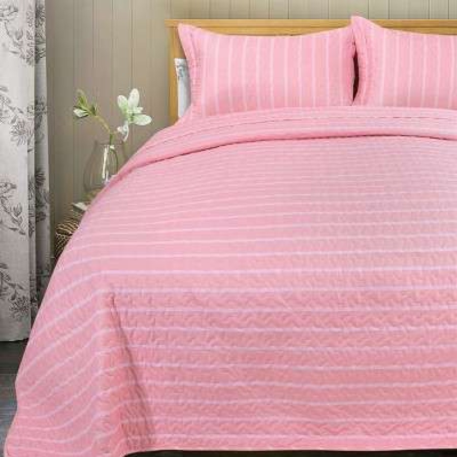 Bedspread Bedding Sets * | Best Reviews Of 3 Pieces Stripe Polyester Lightweight Durable Coverlet Bedspread Set Piccocasa Pink