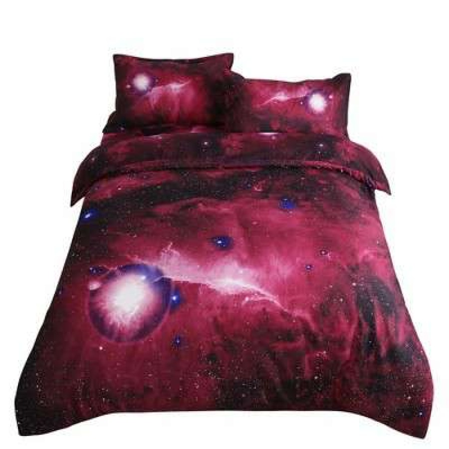 Duvet Cover Bedding Sets * | Hot Sale 4 Pcs Queen Polyester Galaxy Sky Cosmos Night Pattern 3D Printed Bedding Sets Red Piccocasa