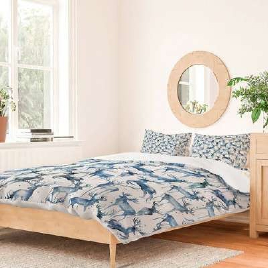 Duvet Cover Bedding Sets * | Brand New Ninola Design Watercolor Deers Cold Duvet Cover & Sham Set Deny Designs Blue