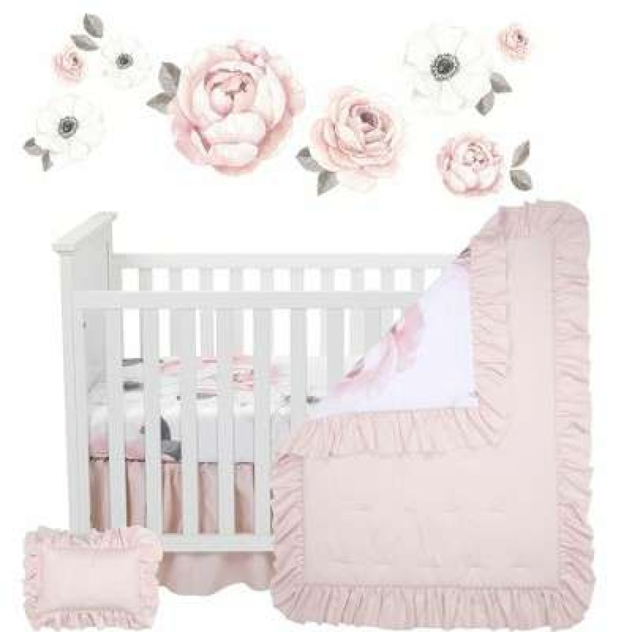 Quilt Bedding Sets * | Best Sale Lambs & Ivy Floral Garden Watercolor/Pink Linen 5-Piece Baby Crib Bedding Set