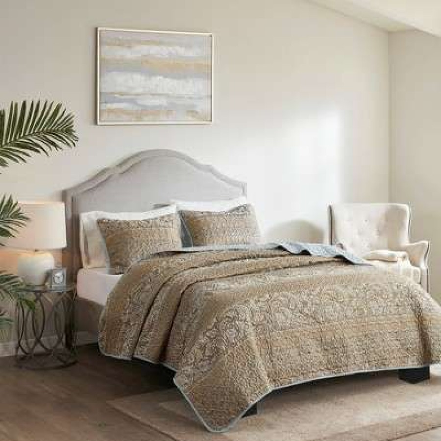 Coverlet Bedding Sets * | Buy Madison Park Everett Reversible Jacquard Coverlet Set Blue/Brown