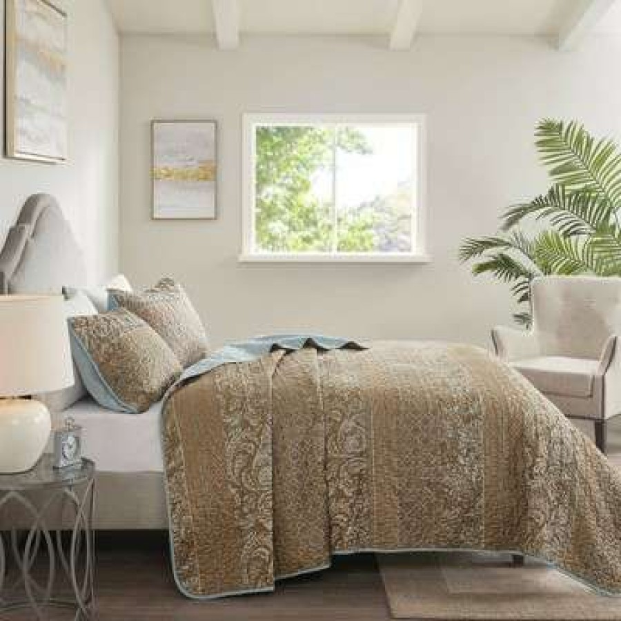 Coverlet Bedding Sets * | Buy Madison Park Everett Reversible Jacquard Coverlet Set Blue/Brown