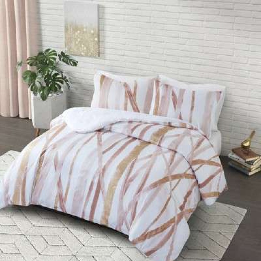 Duvet Cover Bedding Sets * | Coupon Jorja Cotton Metallic Printed Duvet Cover Set Cosmoliving By Cosmopolitan Blush/Gold