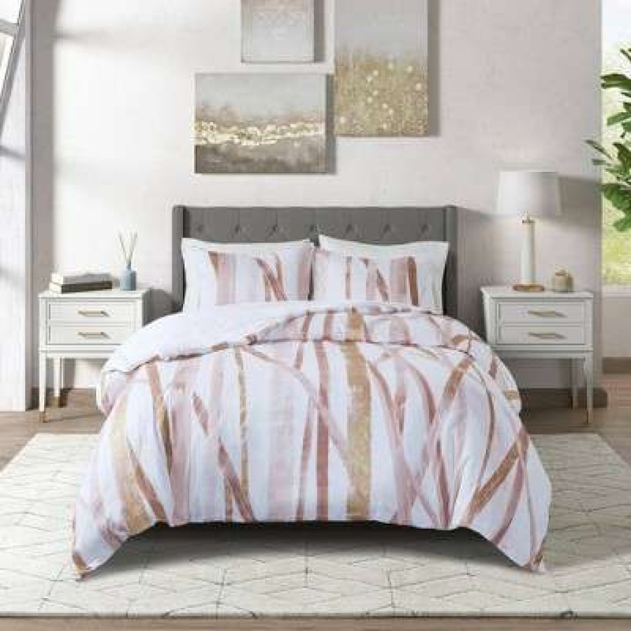 Duvet Cover Bedding Sets * | Coupon Jorja Cotton Metallic Printed Duvet Cover Set Cosmoliving By Cosmopolitan Blush/Gold