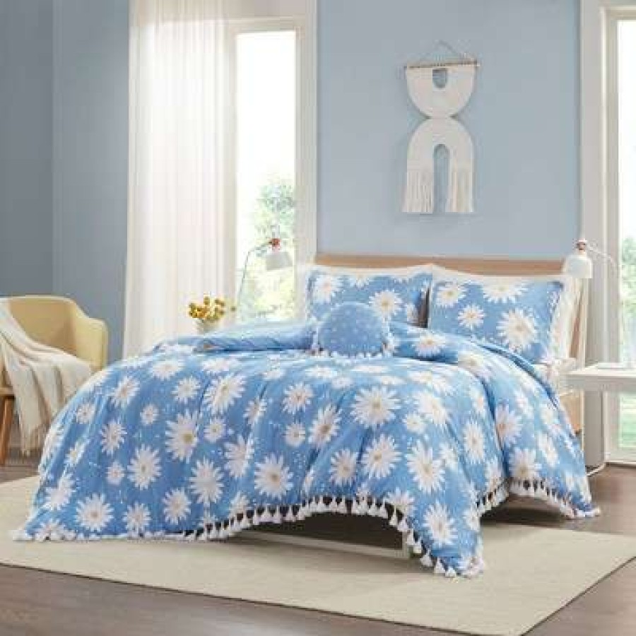 Duvet Cover Bedding Sets * | Promo Intelligent Design Full/Queen Daria Daisy Printed Duvet Cover Set With Tassels Blue