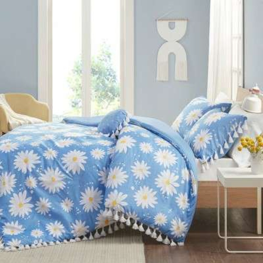 Duvet Cover Bedding Sets * | Promo Intelligent Design Full/Queen Daria Daisy Printed Duvet Cover Set With Tassels Blue