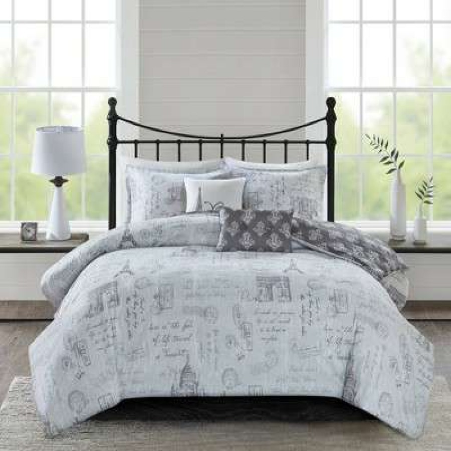 Duvet Cover Bedding Sets * | Buy 510 Design Apolline 5Pc Reversible Paris Print Duvet Cover Set