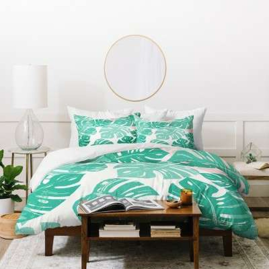 Duvet Cover Bedding Sets * | Promo Green Floral Bianca Linocut Monstera Rosy Duvet Cover Deny Designs