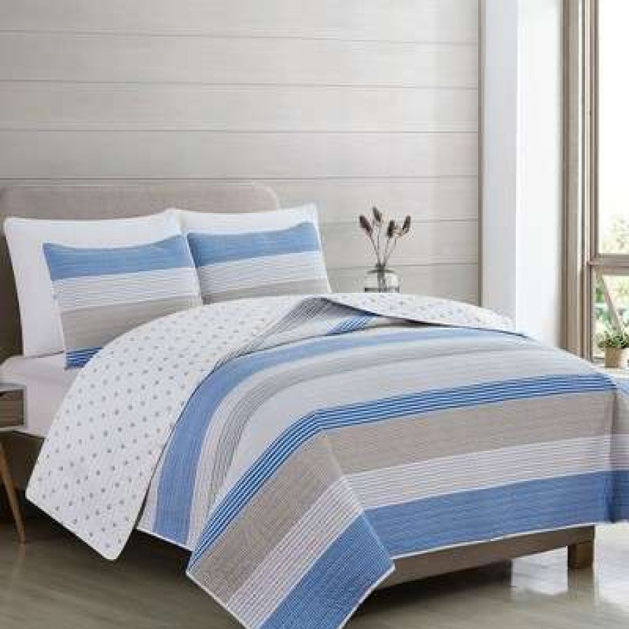 Quilt Bedding Sets * | Deals Great Bay Home Wide Striped Reversible Quilt Set King Blue / Taupe