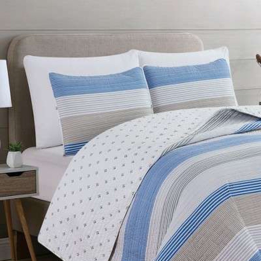 Quilt Bedding Sets * | Deals Great Bay Home Wide Striped Reversible Quilt Set King Blue / Taupe