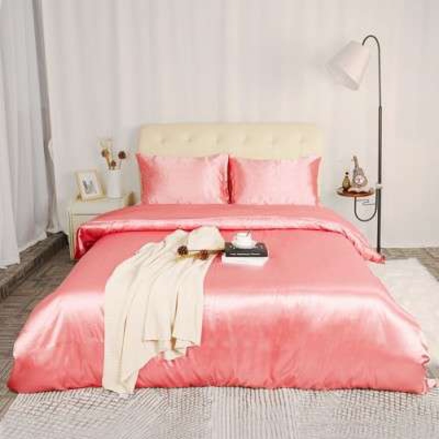 Duvet Cover Bedding Sets * | Promo 3 Pcs Polyester Satin Silk Solid Bedding Sets King Pink Piccocasa