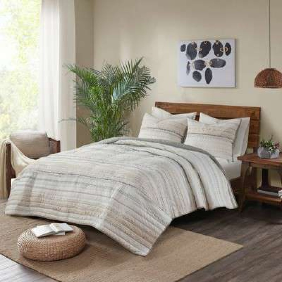 Coverlet Bedding Sets * | Best Reviews Of Ink+Ivy 3Pc Nea Cotton Printed Coverlet Set With Trims Gray/Ivory