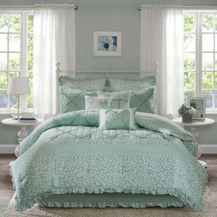 Comforter Bedding Sets * | Cheapest Madison Park Gretchen Cotton Percale Comforter Set 9Pc Aqua