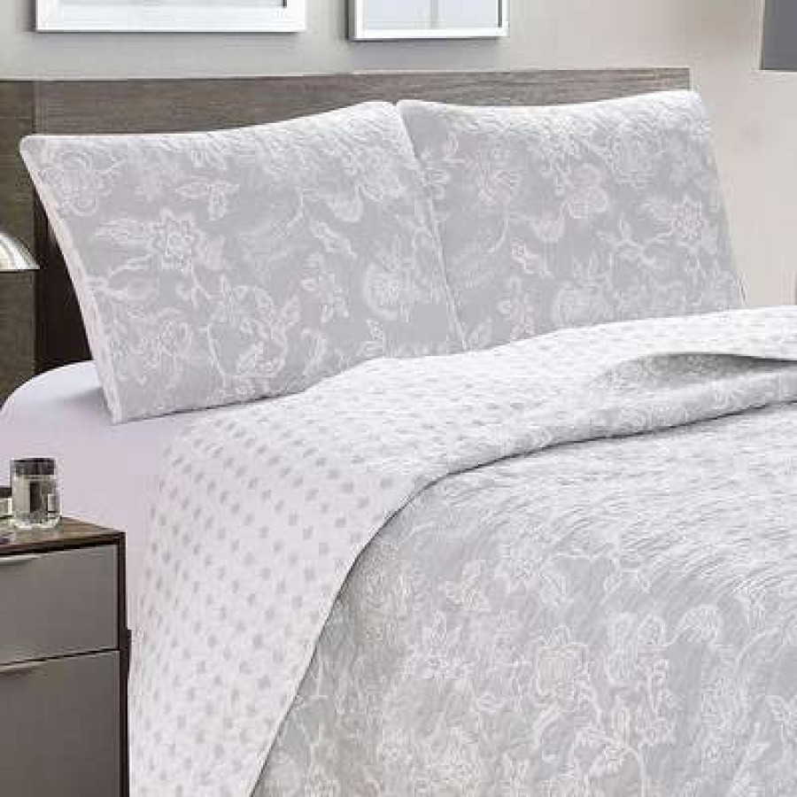 Quilt Bedding Sets * | Best Sale Great Bay Home Emma Reversible Floral Printed Quilt Set Full / Queen Grey