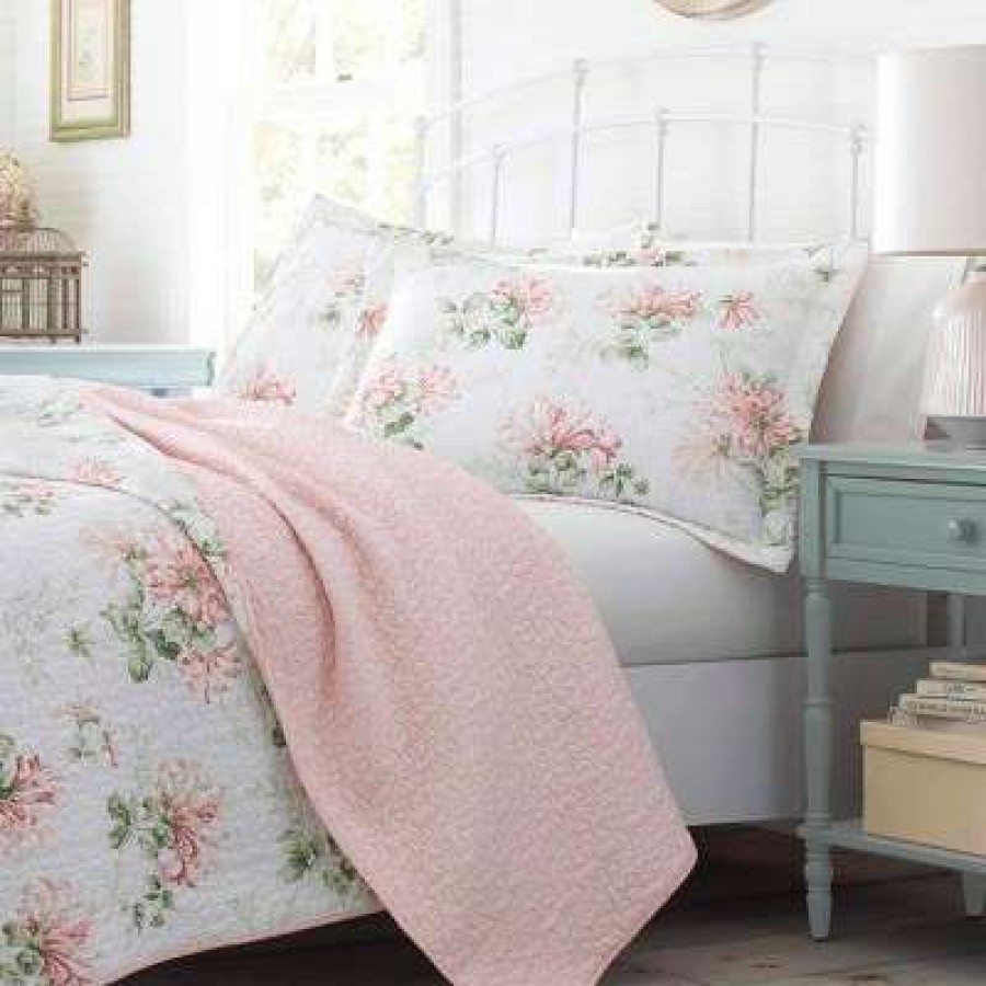 Quilt Bedding Sets * | Wholesale Honeysuckle Reversible Quilt Set Pink Laura Ashley