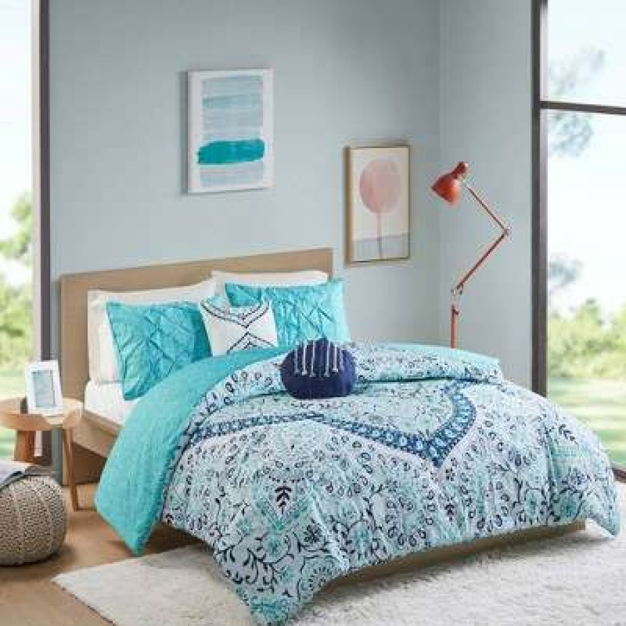 Duvet Cover Bedding Sets * | Hot Sale Intelligent Design Tricia Boho Medallion Printed Duvet Set Aqua