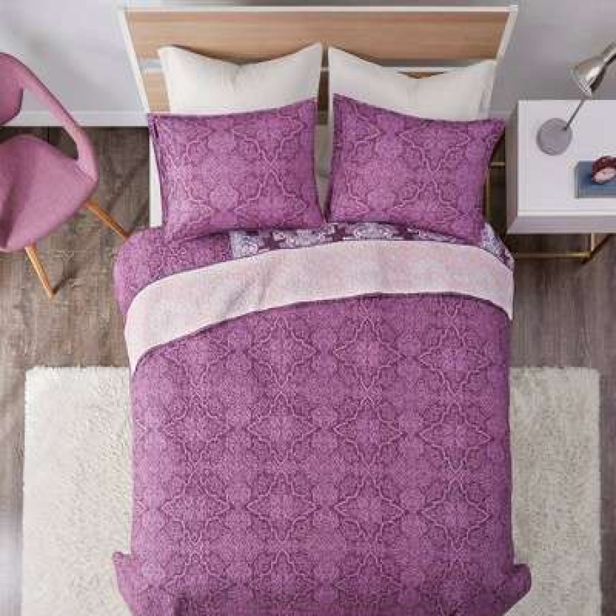 Coverlet Bedding Sets * | Cheapest Intelligent Design Full/Queen Lena Printed Reversible Cotton Coverlet Set Purple