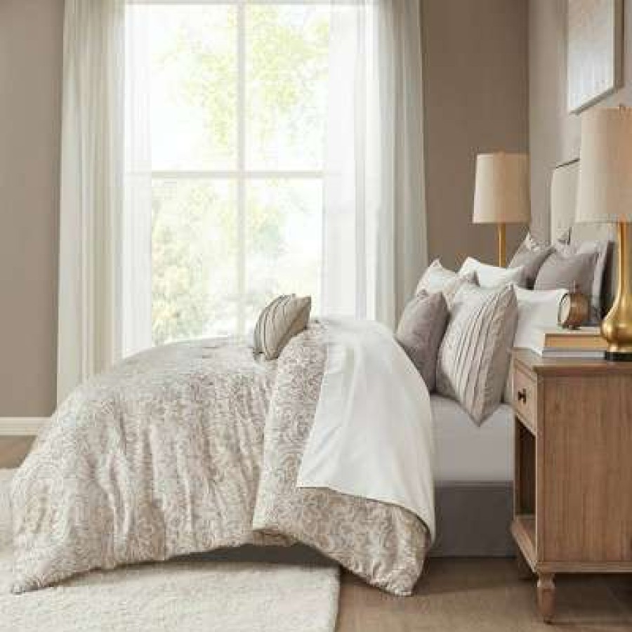 Comforter Bedding Sets * | Hot Sale Madison Park Grace Jacquard 12Pc Complete Bedding Set Khaki