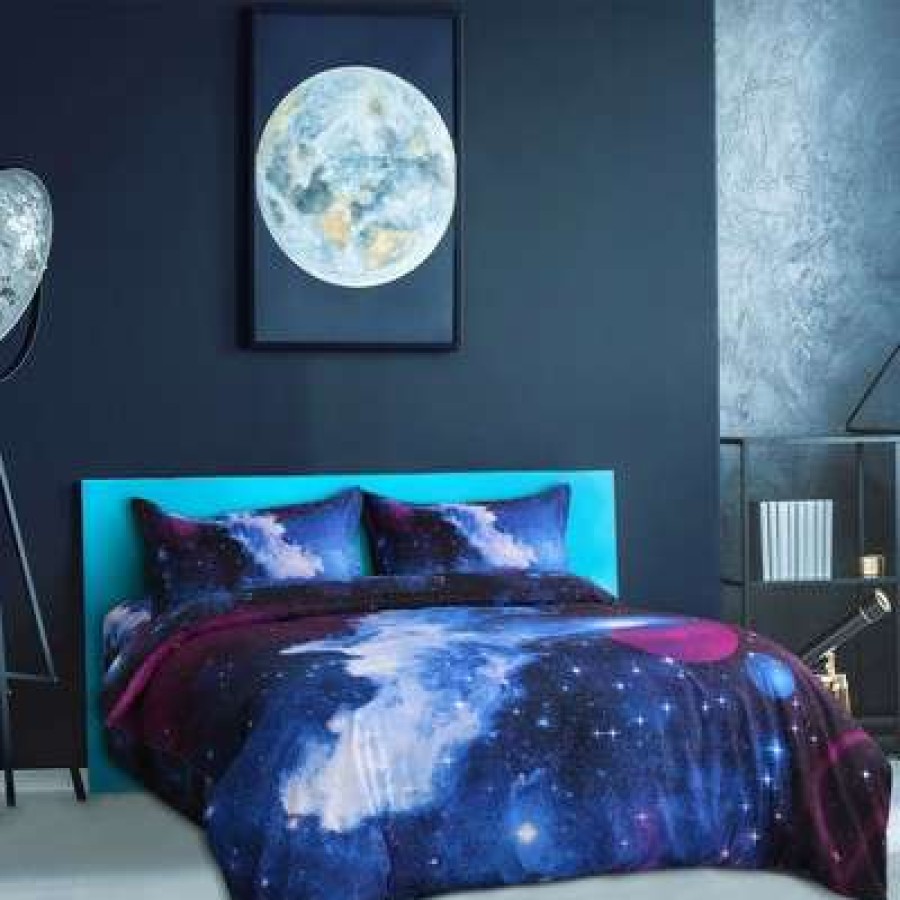 Duvet Cover Bedding Sets * | Best Reviews Of 4 Pcs Queen Polyester Galaxy Sky Moon Night Bedding Sets Queen Blue Piccocasa