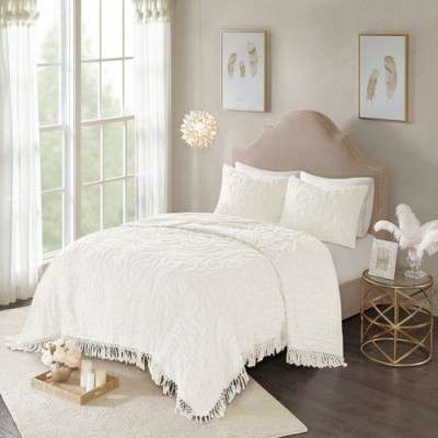 Coverlet Bedding Sets * | Brand New Madison Park 3Pc Cecily Cotton Medallion Fringe Coverlet Set