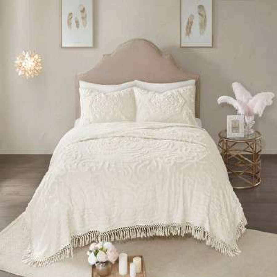 Coverlet Bedding Sets * | Brand New Madison Park 3Pc Cecily Cotton Medallion Fringe Coverlet Set