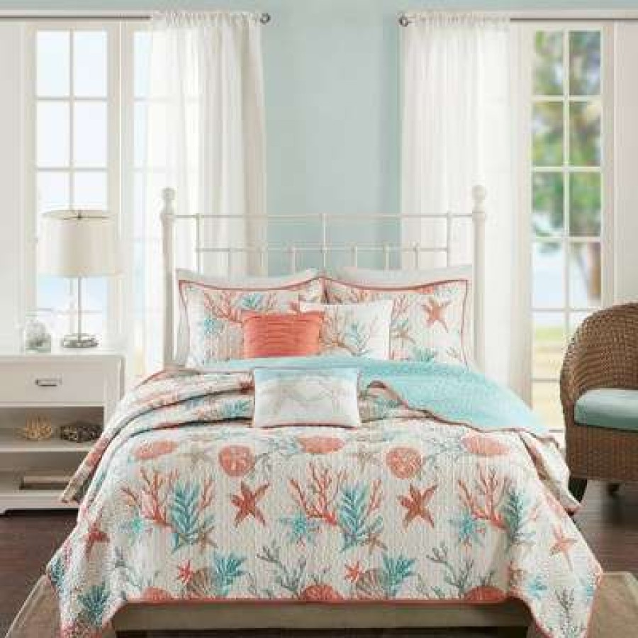 Quilt Bedding Sets * | Brand New Madison Park Coral Ocean View Printed Quilt Set 6Pc