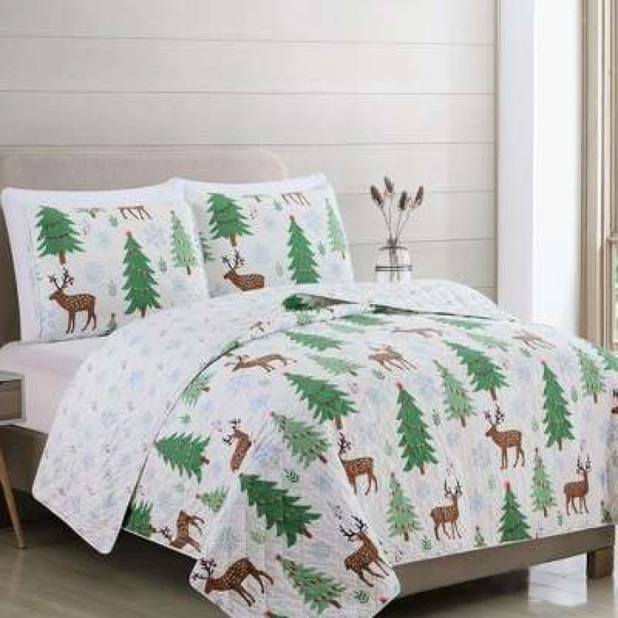 Quilt Bedding Sets * | Top 10 Great Bay Home Reversible Holiday Trees Printed Quilt Set King