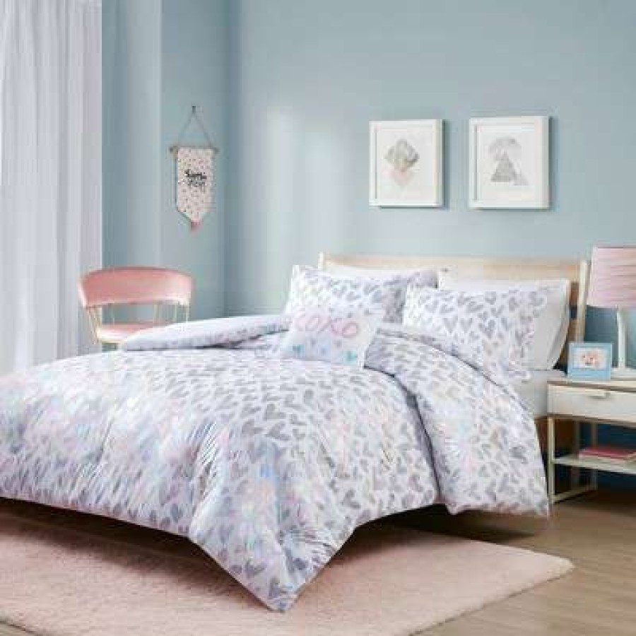 Comforter Bedding Sets * | Outlet Mi Zone 3Pc Twin/Twin Extra Long Josie Iridescent Metallic Heart Printed Comforter Set