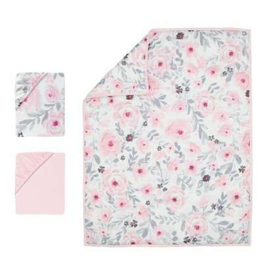 Quilt Bedding Sets * | Best Deal Bedtime Originals Blossom Pink Watercolor Floral 3-Piece Mini Crib Bedding Set