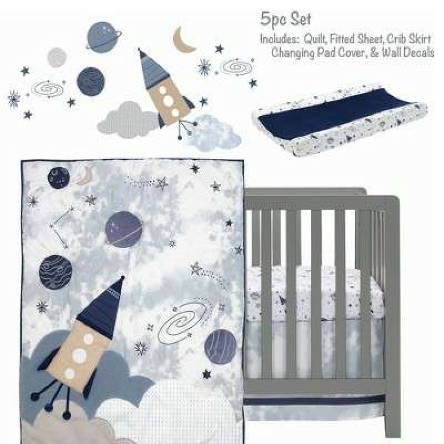 Quilt Bedding Sets * | Cheapest Lambs & Ivy Sky Rocket 5-Piece Blue Galaxy/Space Nursery Baby Crib Bedding Set