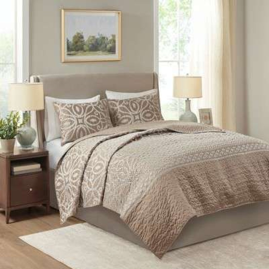 Coverlet Bedding Sets * | Cheapest Madison Park 3Pc Kaden Reversible Jacquard Coverlet Set Taupe