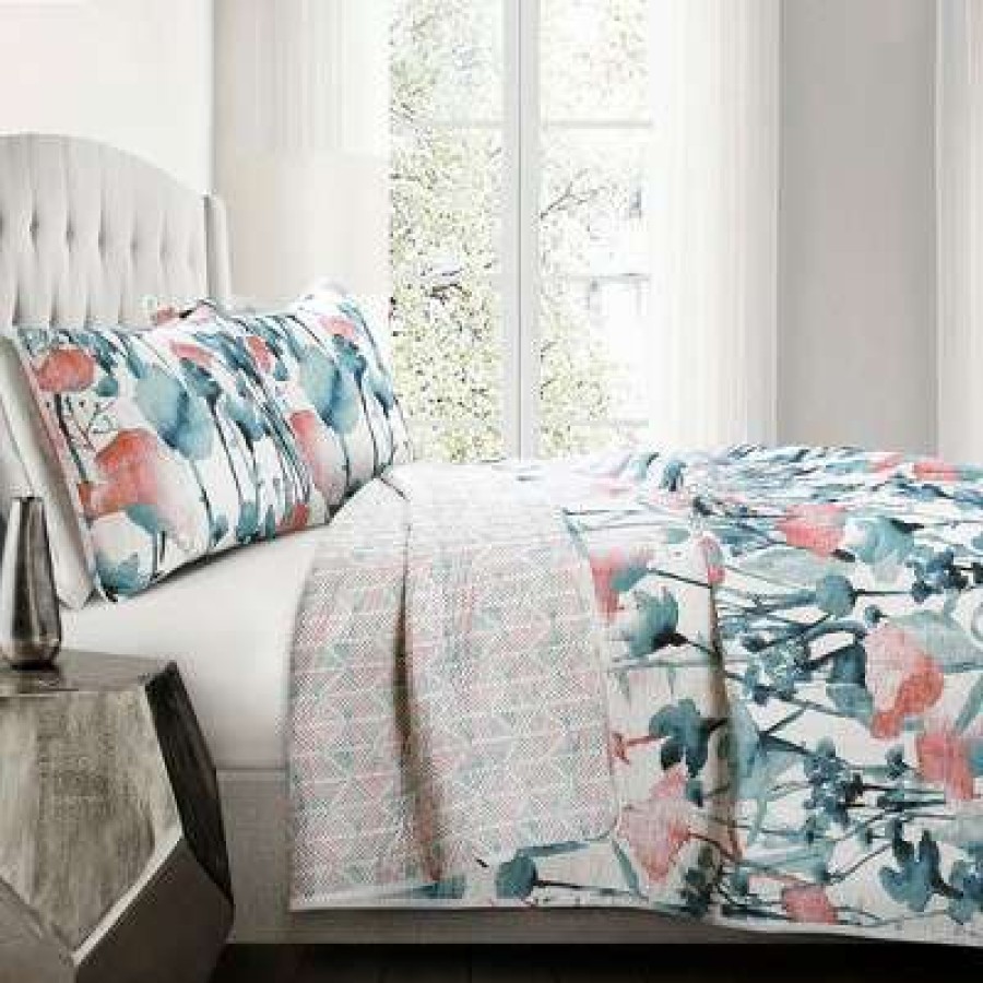 Quilt Bedding Sets * | Wholesale Lush Decor Blue & Coral Zuri Floral Quilt Set Lush Decor